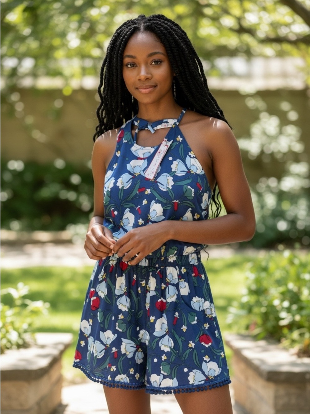 Floral Halter Romper - Navy Blue